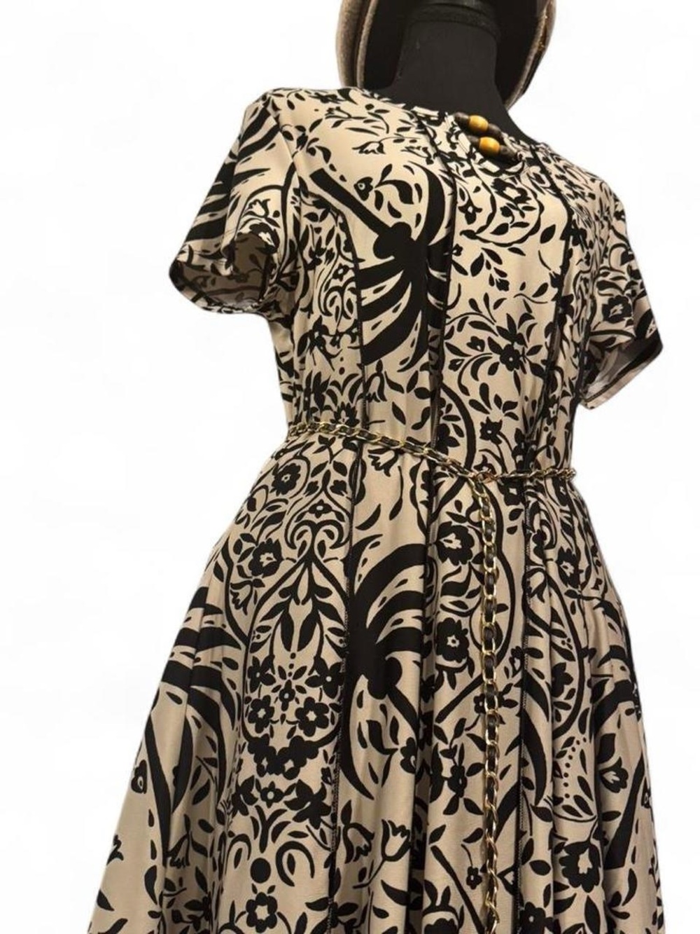 Elegant Black & Cream Floral Fit-and-Flare Dress